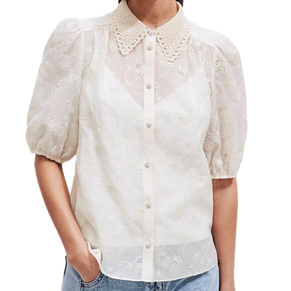 ME+EM Silk Cotton Organza Embroidered Collar Blouse White Size 4 Designer - Picture 3 of 14